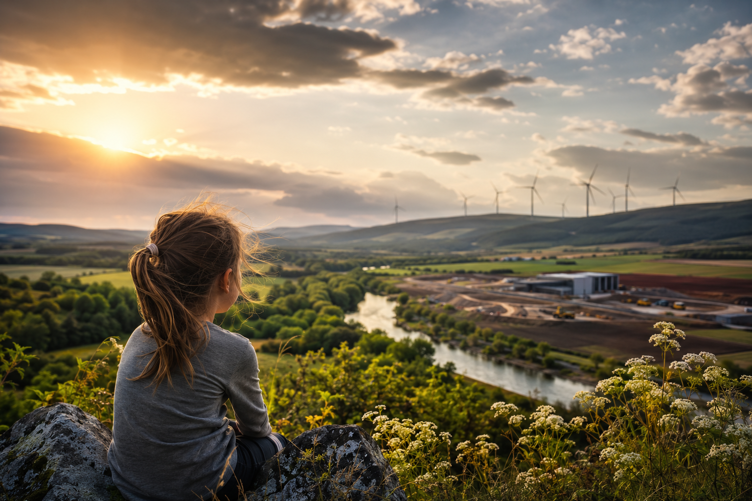Landschaft zwischen Natur, Entwicklung und erneuerbarer Energie als Symbol für Generationenverantwortung